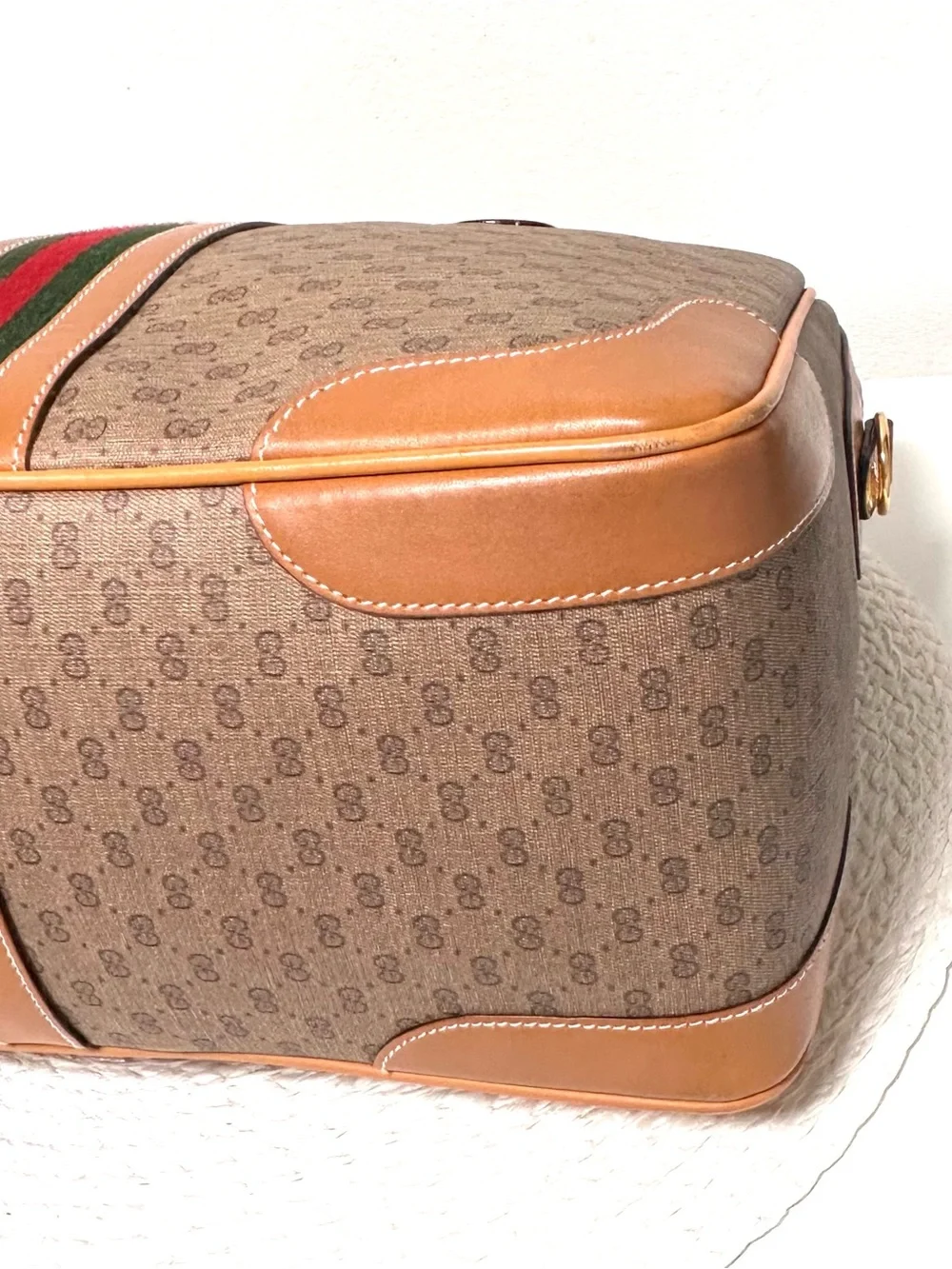 Gucci Tan GG Supreme 2-Way Satchel Boston Bag w/Green-Red Web Stripe Vintage